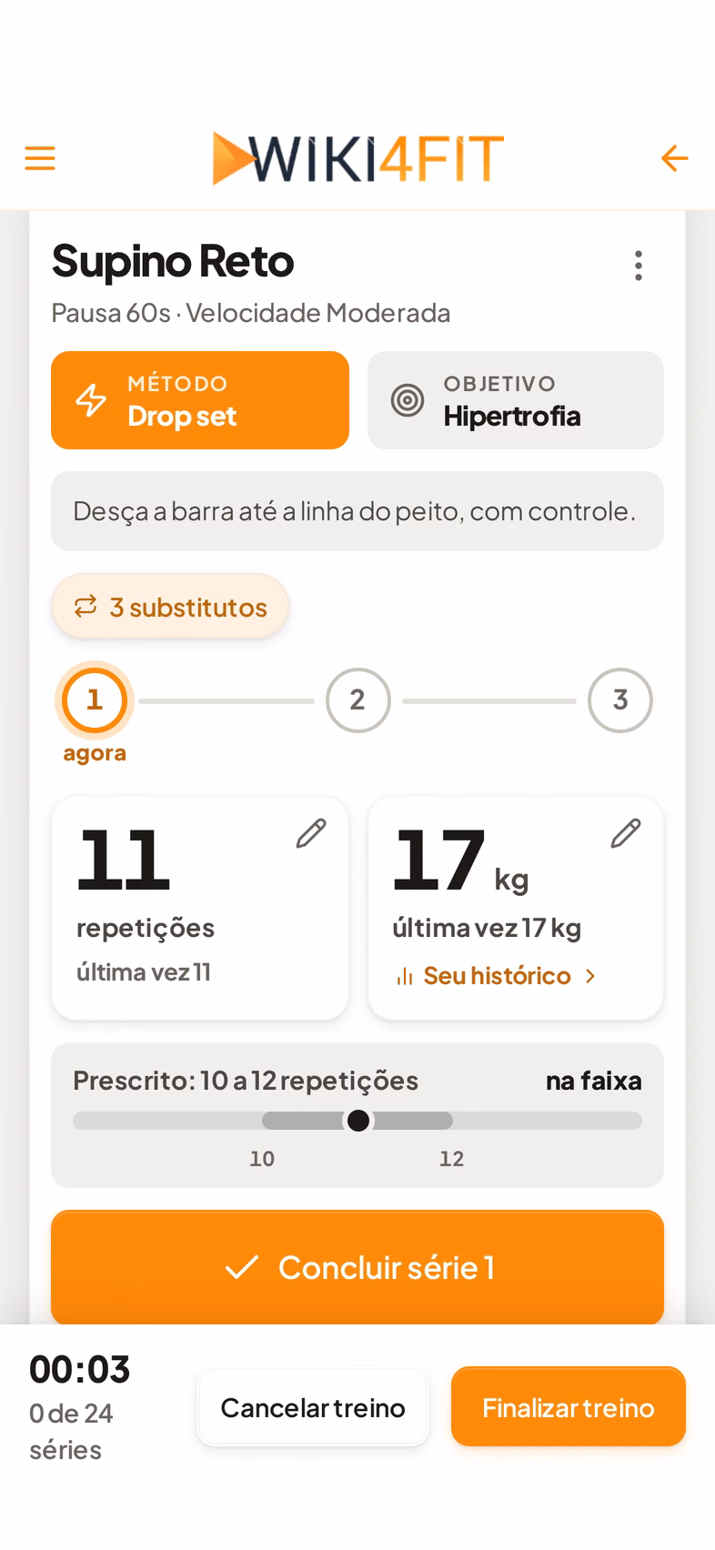 Repetições e carga editáveis, última vez de cada uma e a faixa prescrita de 10 a 12