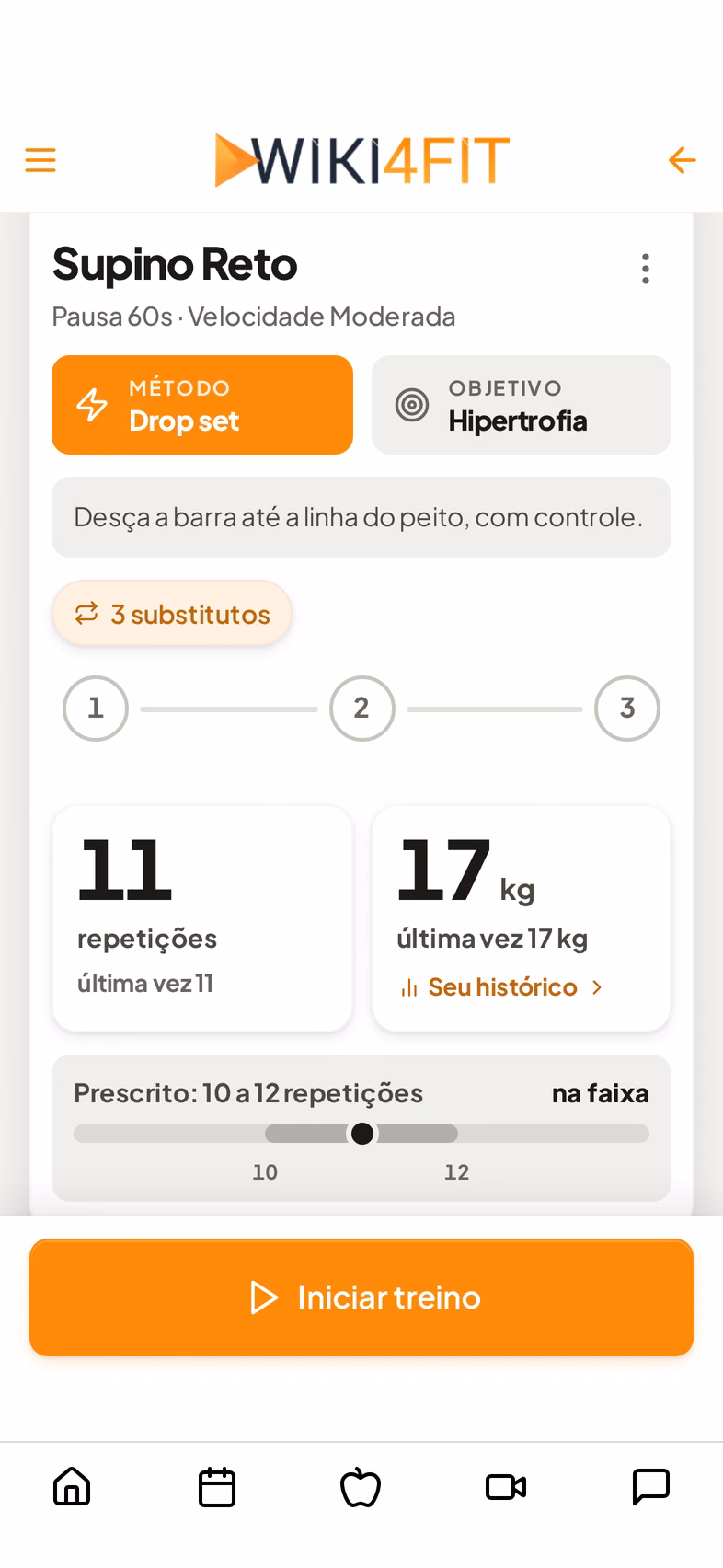 Tela do exercício com método, objetivo, dica, substitutos, repetições e carga