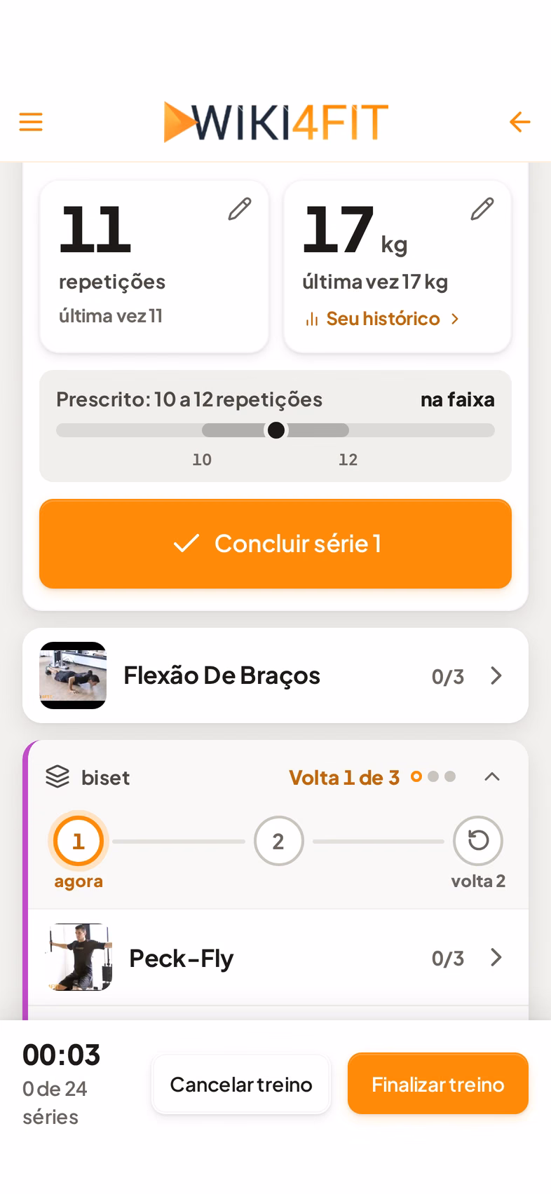Modo Livre com as séries do exercício atual e os próximos exercícios em lista