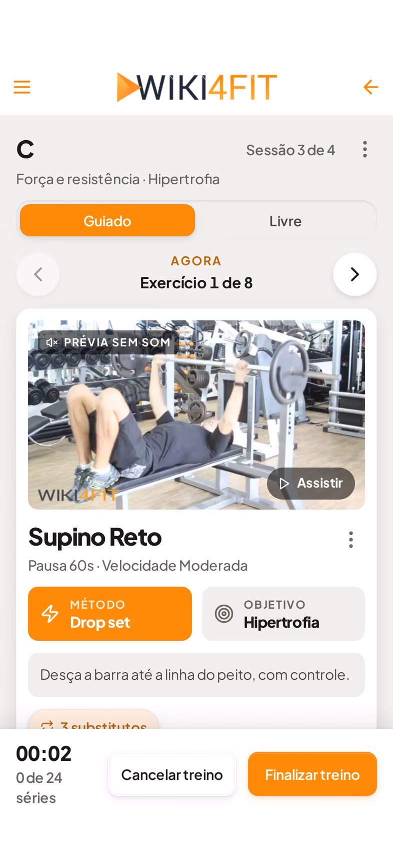 Modo Guiado com o seletor de modo, o exercício 1 de 8 e o vídeo