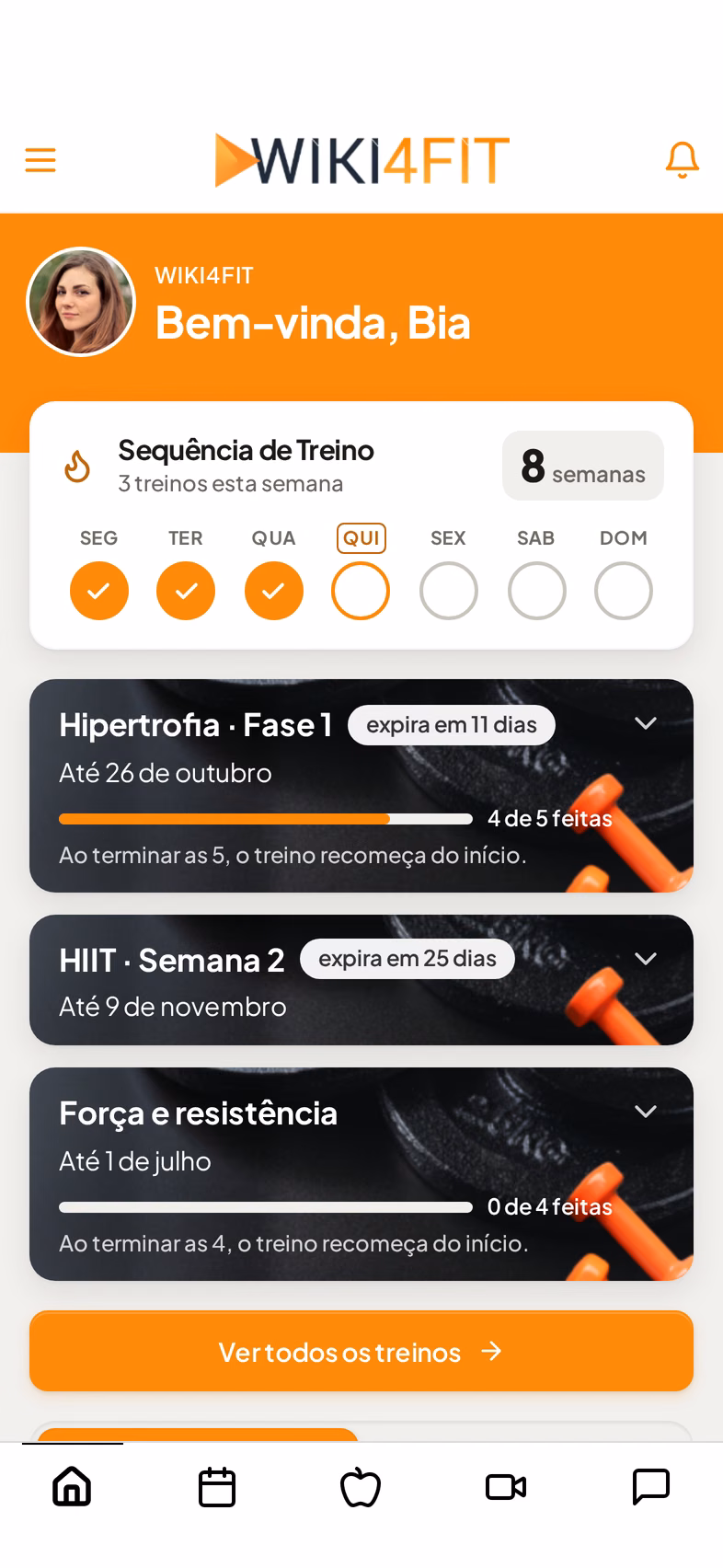 Home do app com a sequência da semana e os treinos do aluno