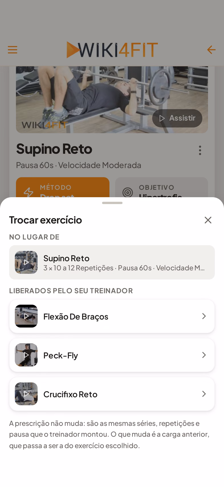 Folha Trocar exercício com três alternativas liberadas pelo treinador